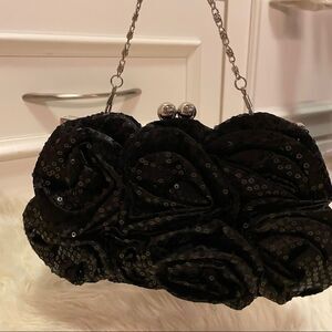 Vintage Rose Sequin Clutch Crossbody Black